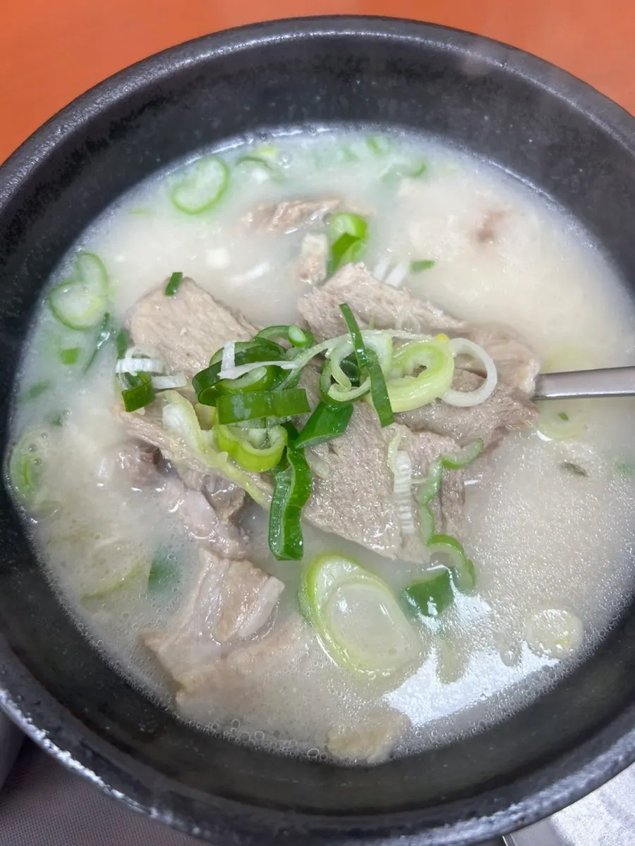 A spoonful of pork soup broth with rice mixed in