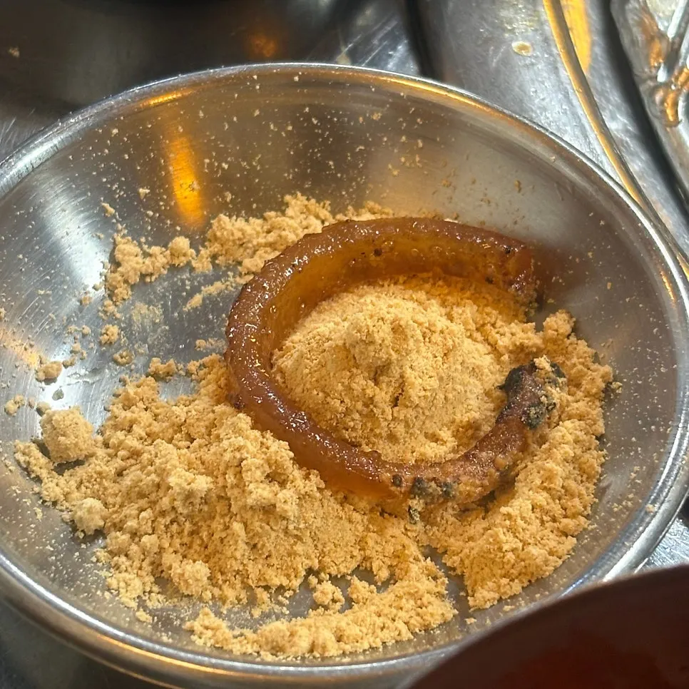 Pork skin dipped in soybean powder