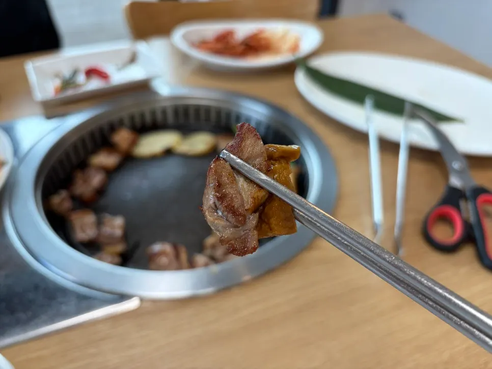 집게로 집어 올린 바삭하게 익은 오리고기 한 점