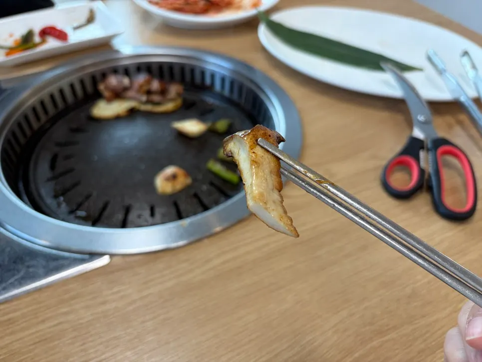 살코기와 껍질 지방층이 보이는 오리구이 단면