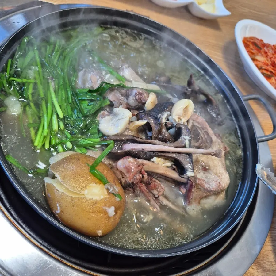푹 고아진 오리와 통감자가 들어간 백숙 국물