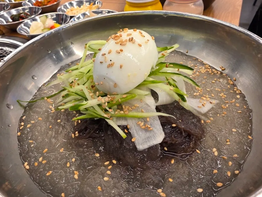Bowl of mul-naengmyeon topped with slushy ice
