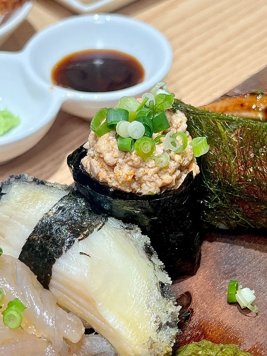 Monkfish liver gunkan and abalone sushi from the omakase set