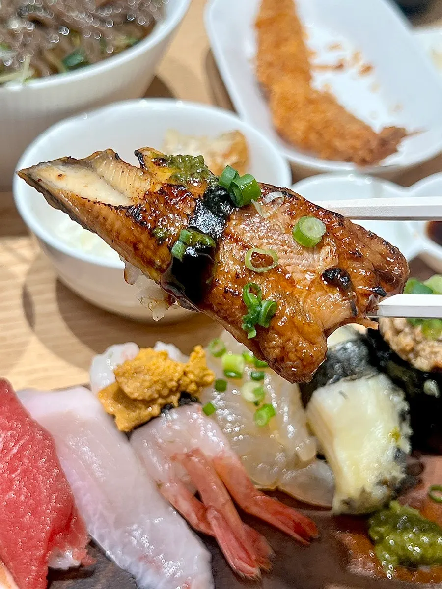 Close-up of a thickly cut sushi piece
