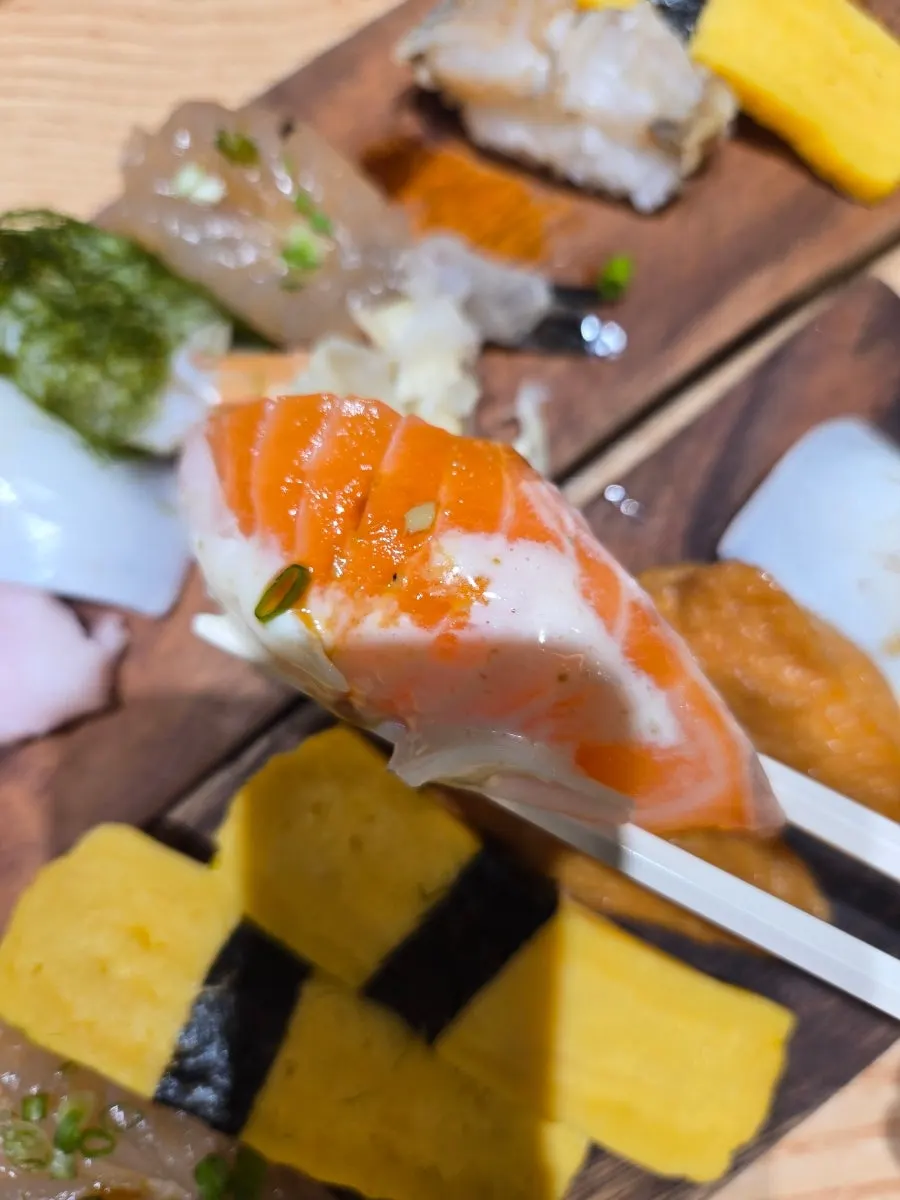 Close-up of rich, fatty salmon sushi