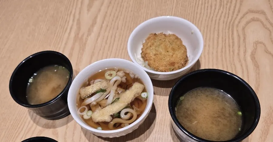 Udon, croquette, and miso soup included as standard sides