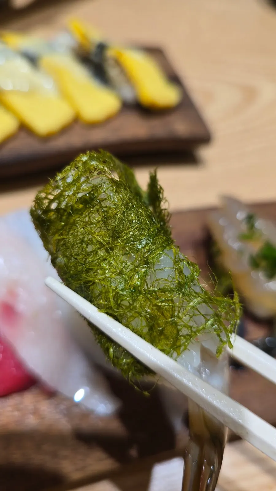 Close-up of raw shrimp sushi wrapped in gamtae