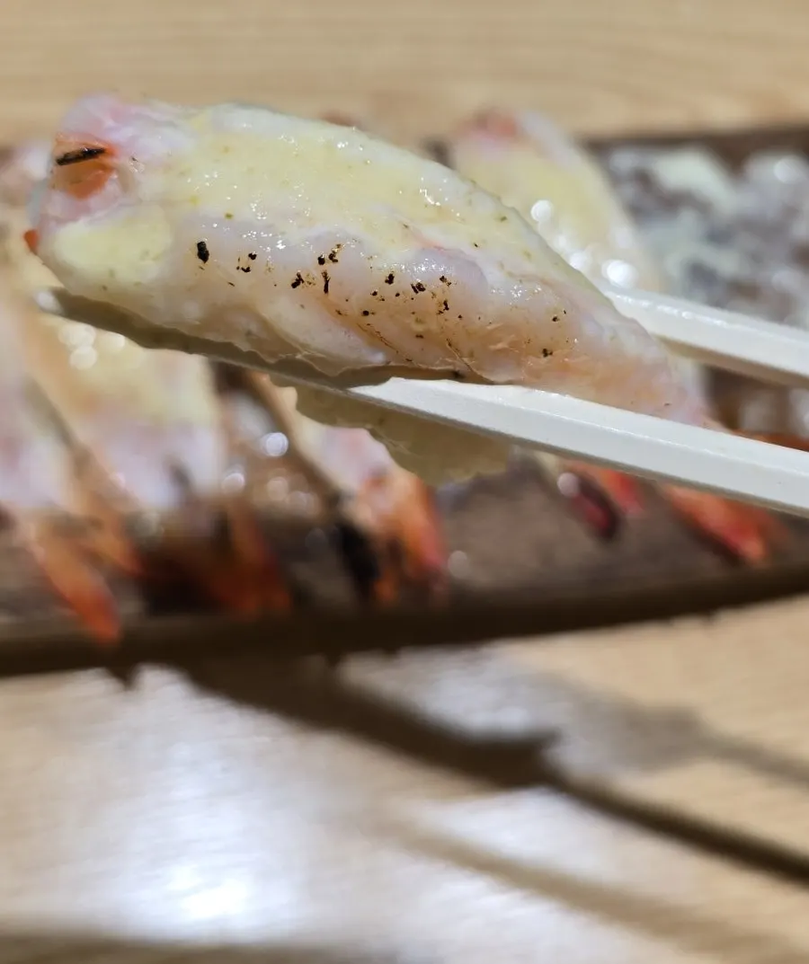Flame-seared shrimp sushi and egg sushi together