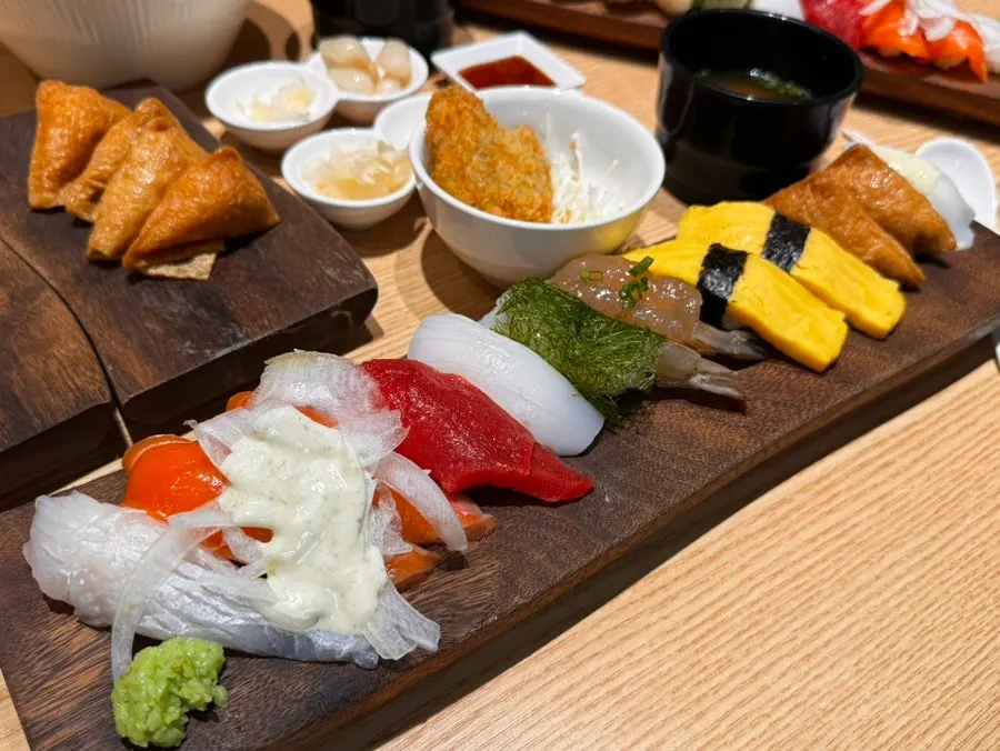 Jumbo flounder, raw salmon, and bluefin tuna sushi