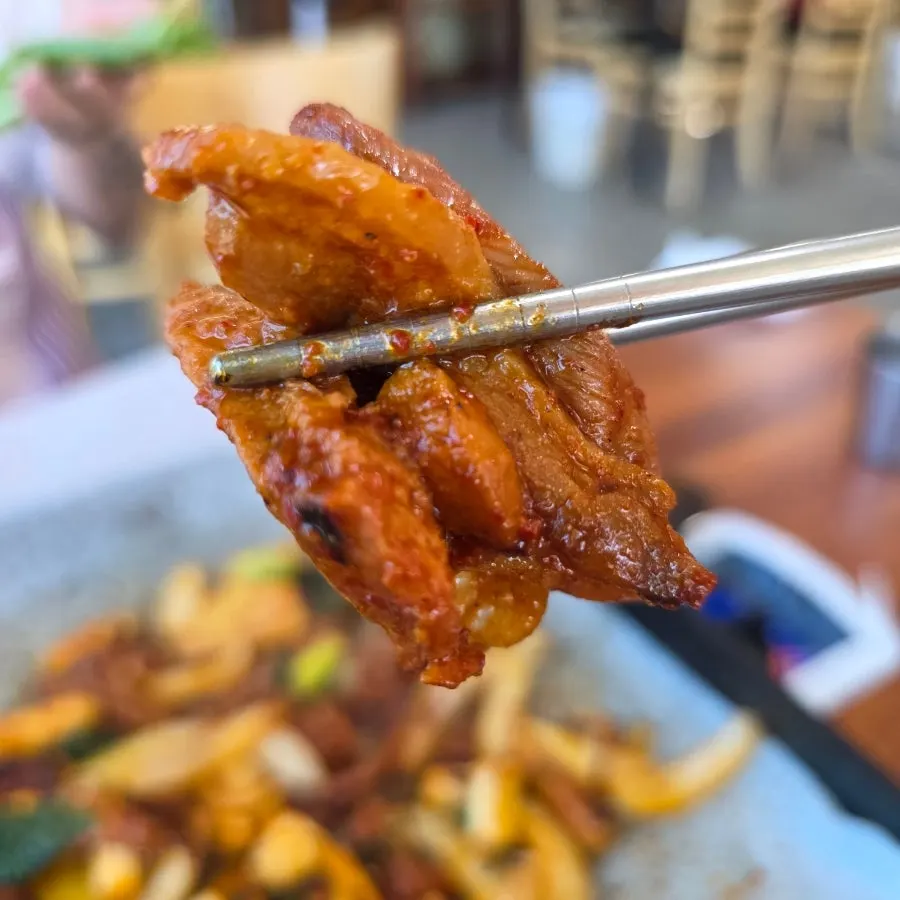 A piece of duck meat cooking in the sauce