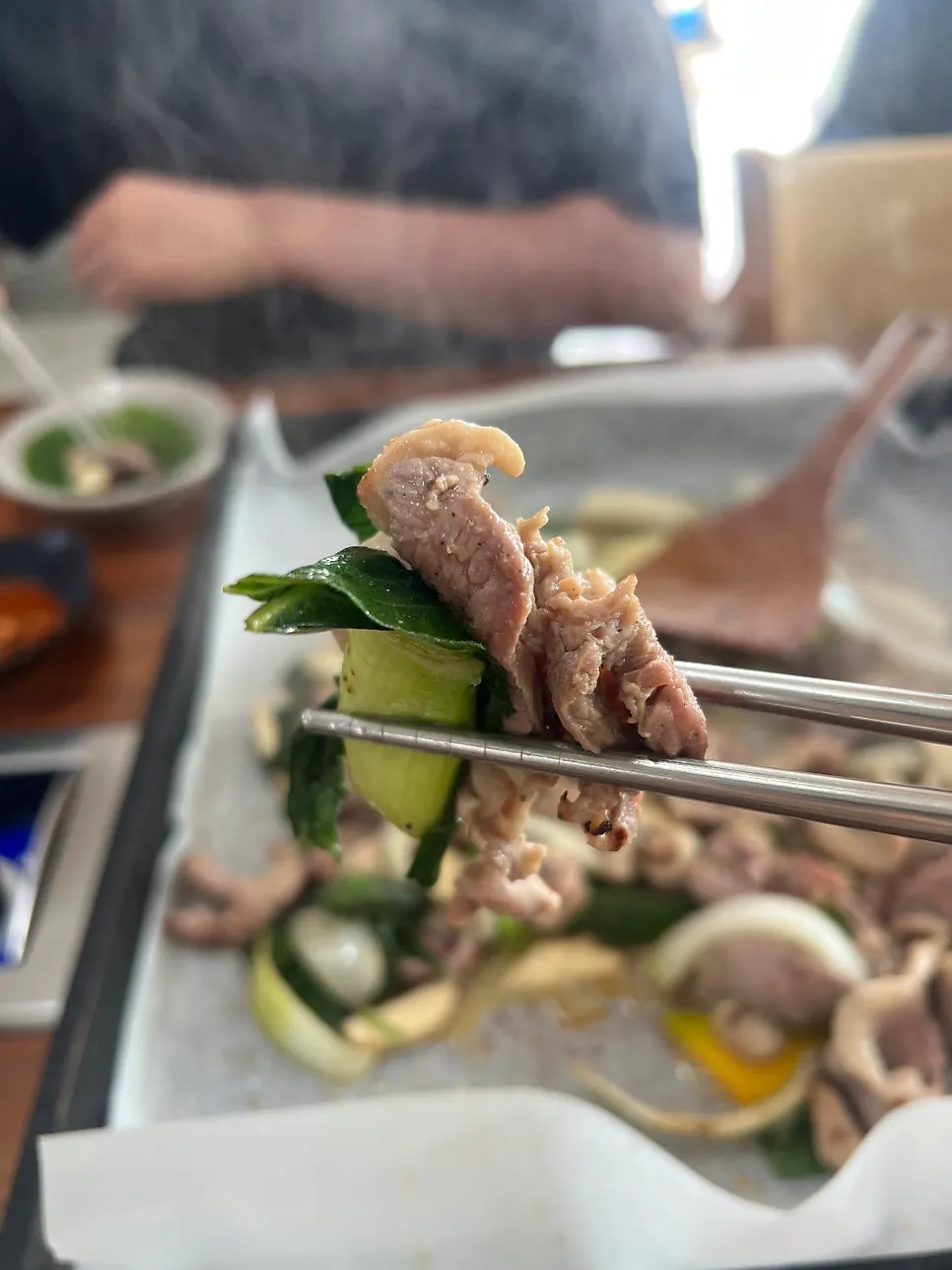 Samchae added to the duck roast on the grill