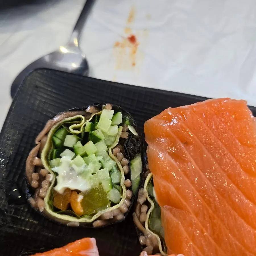 Cross-section of the keto buckwheat gimbap showing noodles instead of rice