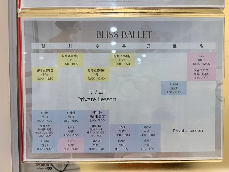 Class timetable listing toddler through adult classes