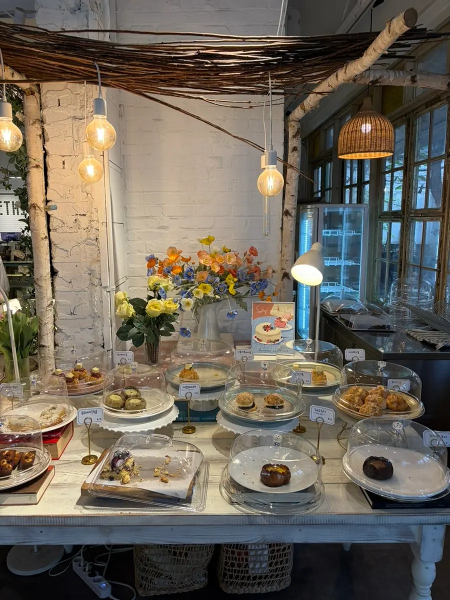 Bakery showcase filled with pastries and cakes