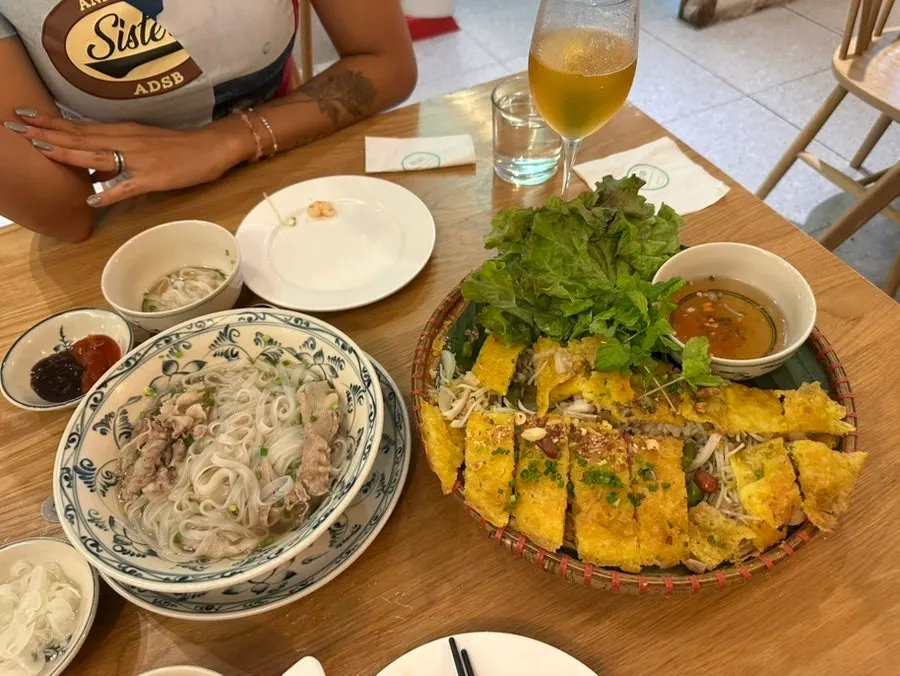Crispy banh xeo filled with bean sprouts and shrimp