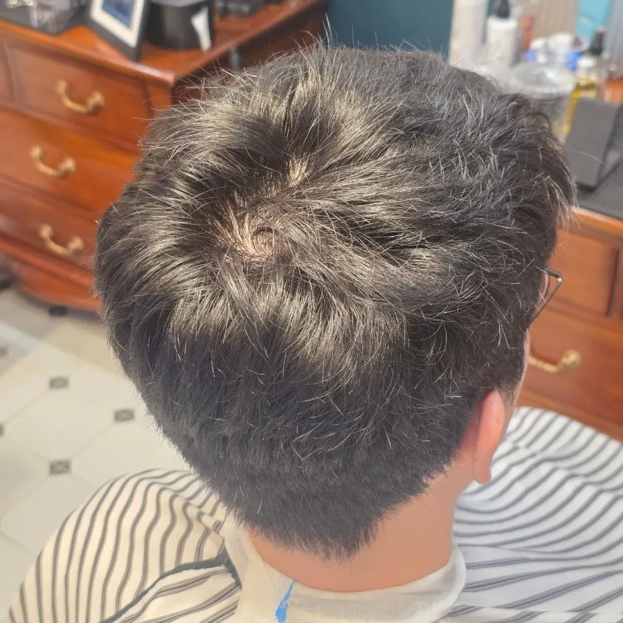 Before look with fluffy, unruly hair