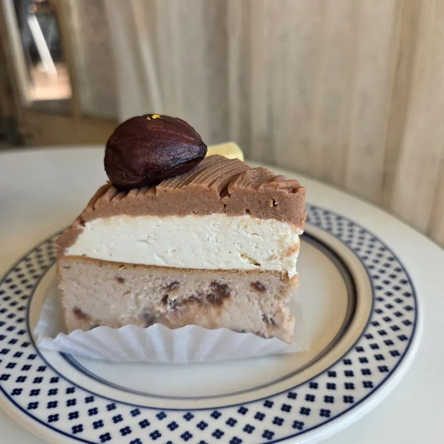 A forkful showing the texture of the Mont Blanc cheesecake