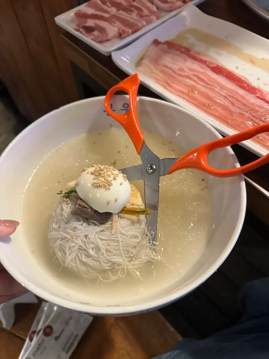 A bowl of naengmyeon at Bongu Hwarro