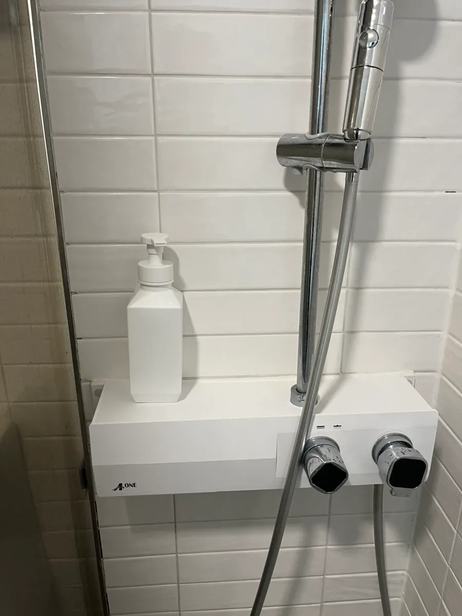 Inside the shower stall with body wash provided