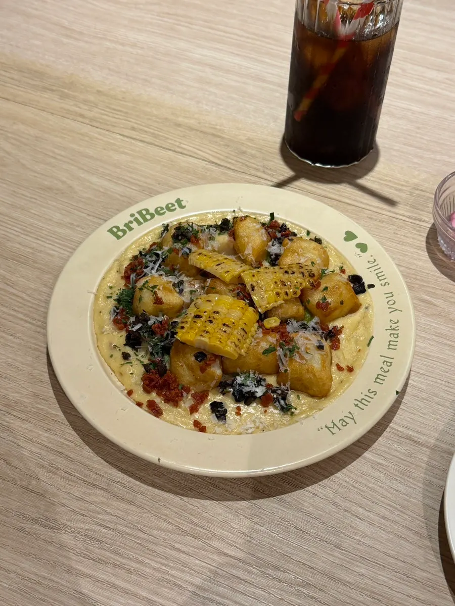 Ordered corn cream gnocchi and steak