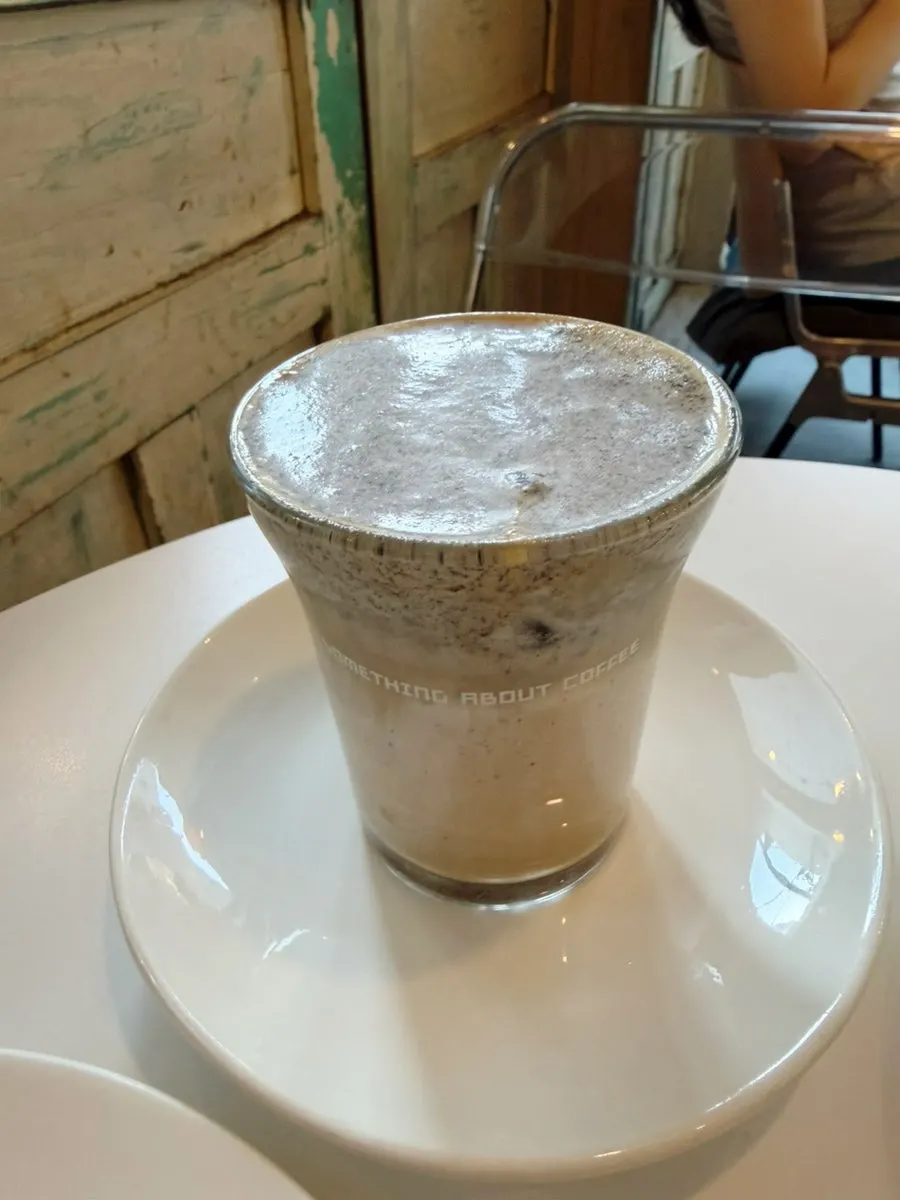 Close-up of the choux cream on the hojicha milk tea