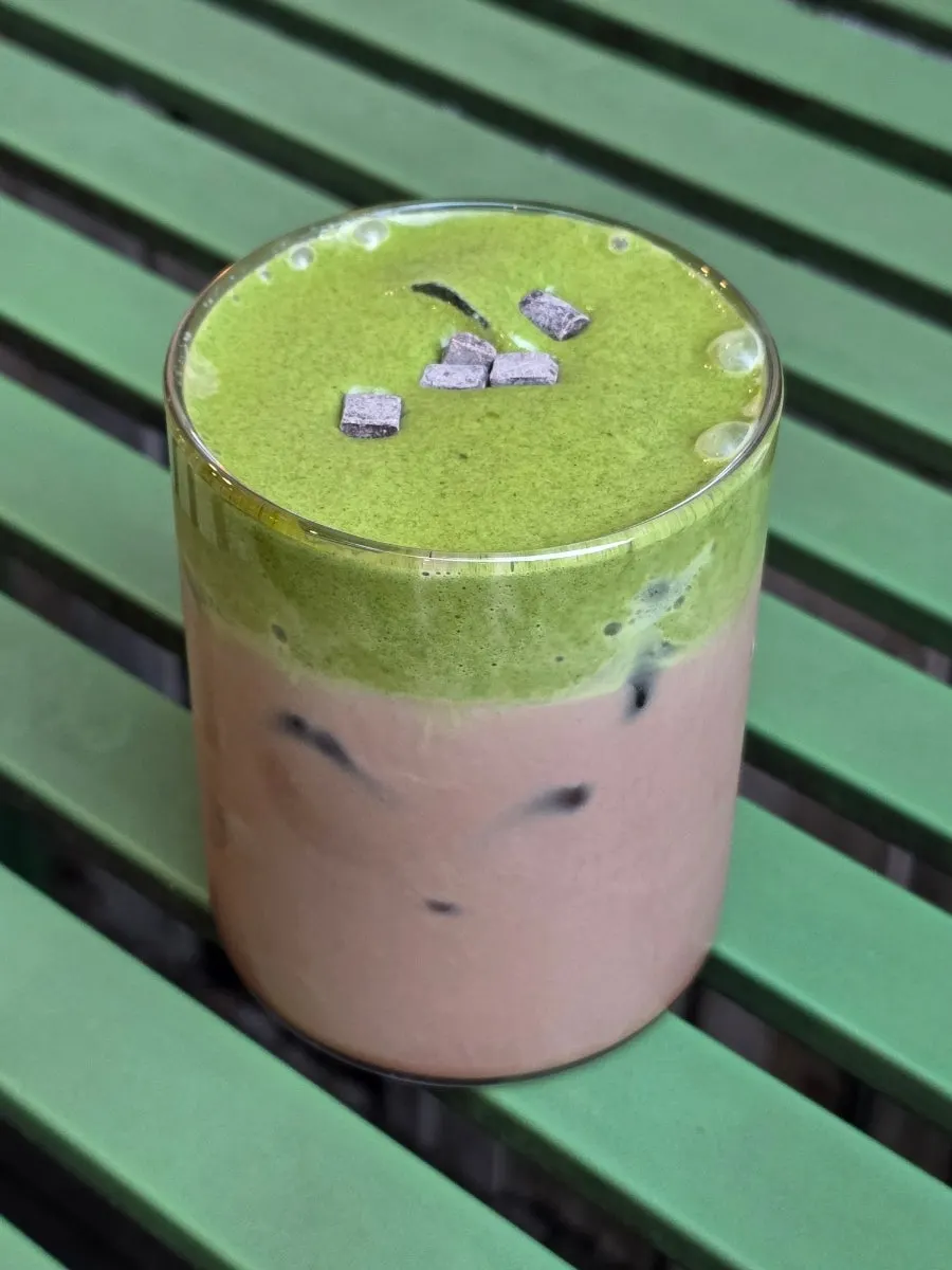 Close-up of a matcha choco latte