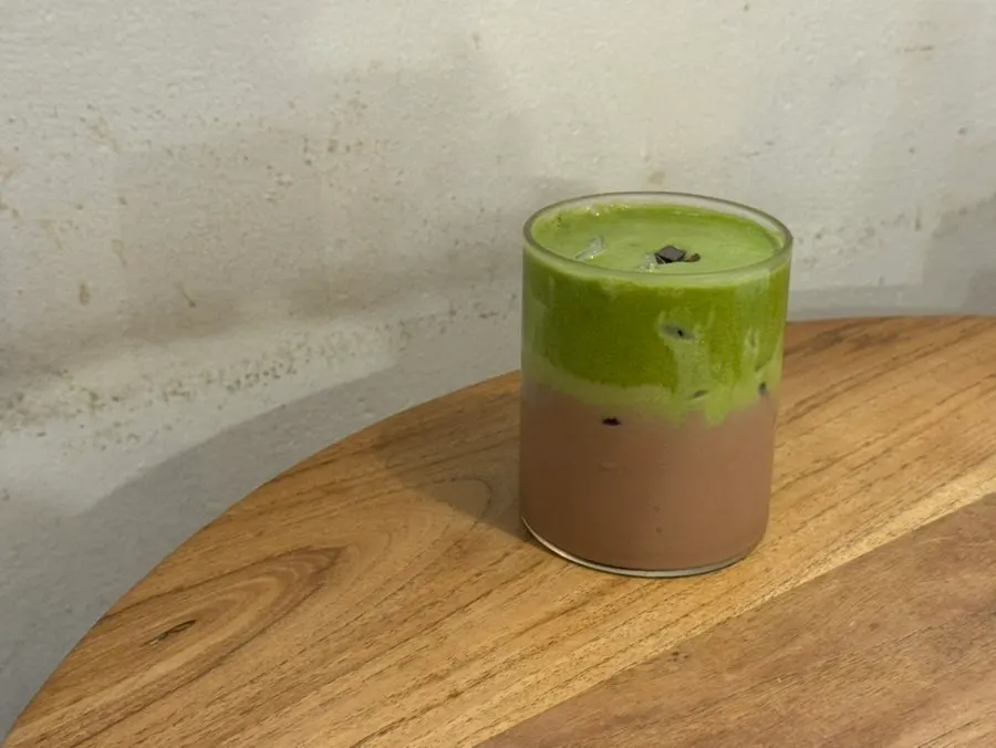 Matcha choco latte topped with matcha cream