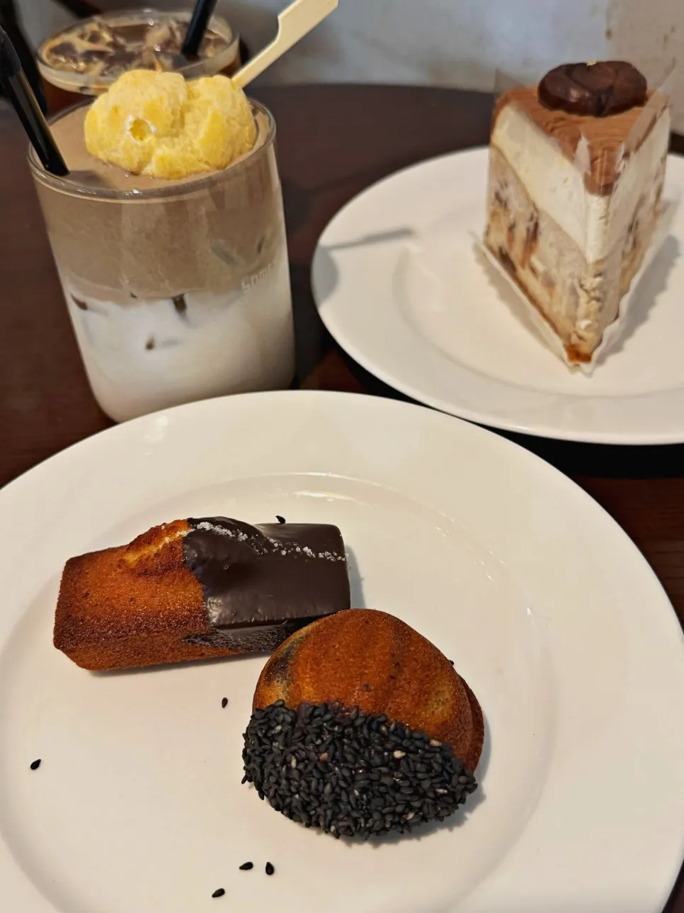 Signature hojicha choux milk tea topped with milk choux