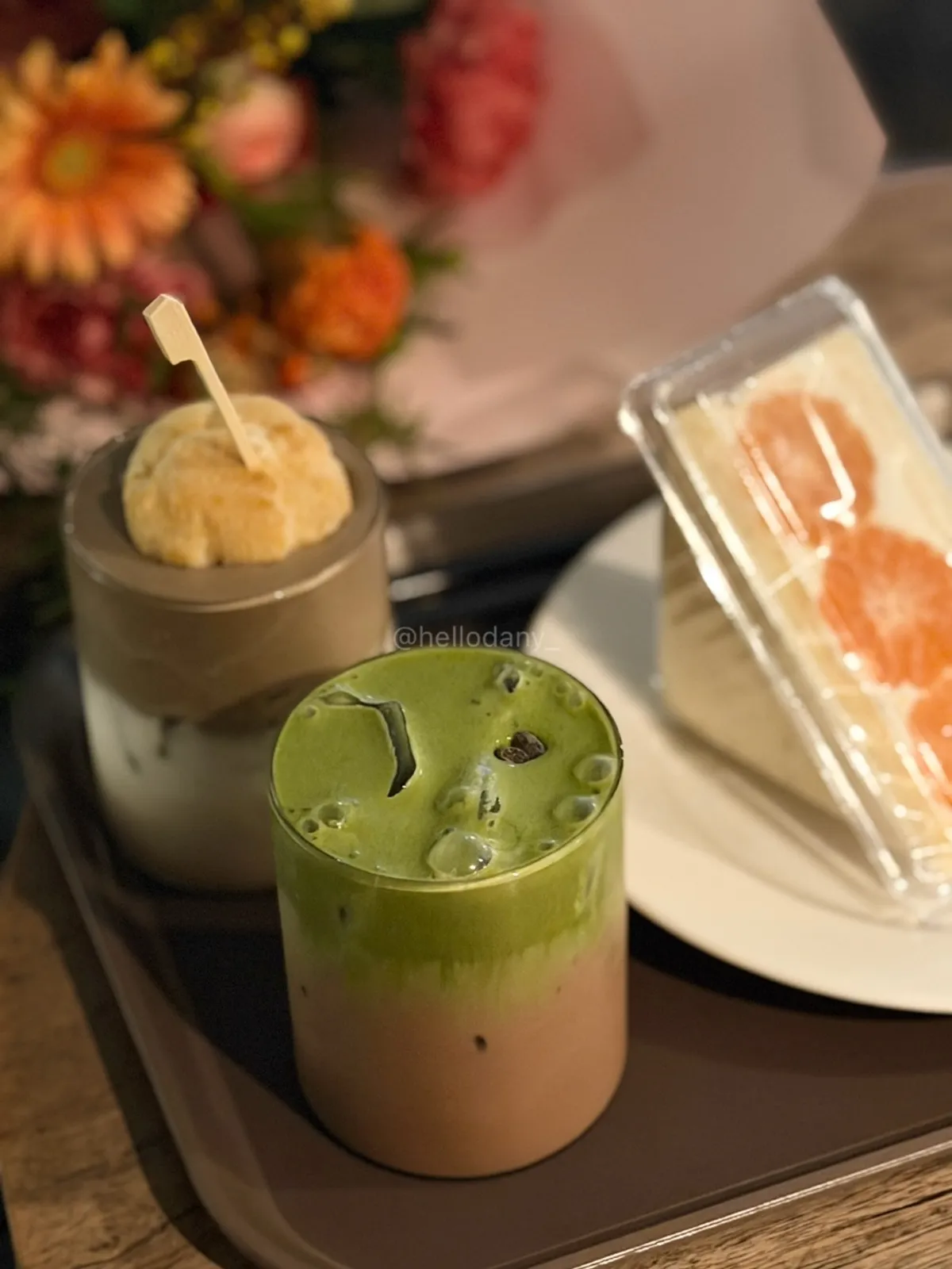 Table with hojicha choux milk tea, matcha cream choco latte, and chestnut pumpkin pâte de fruit financier