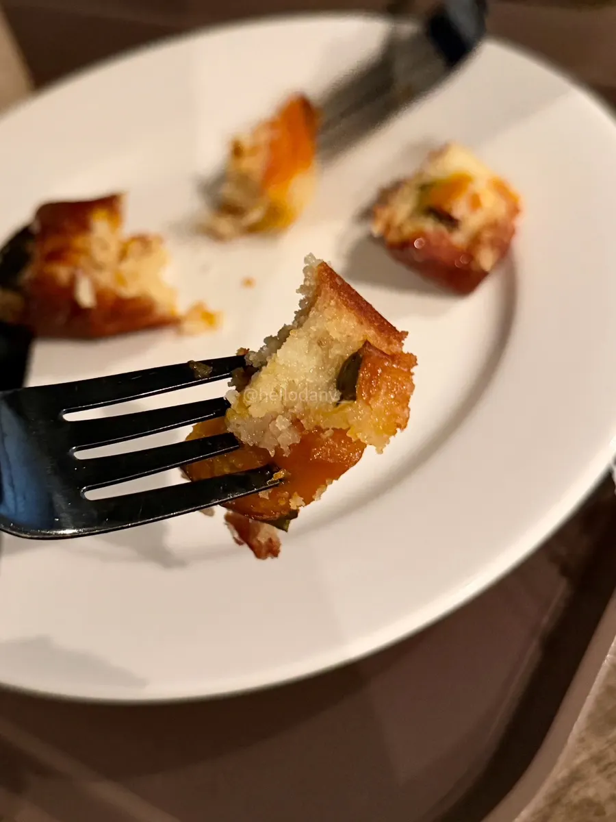 Cross-section of the financier with visible chestnut pumpkin bits
