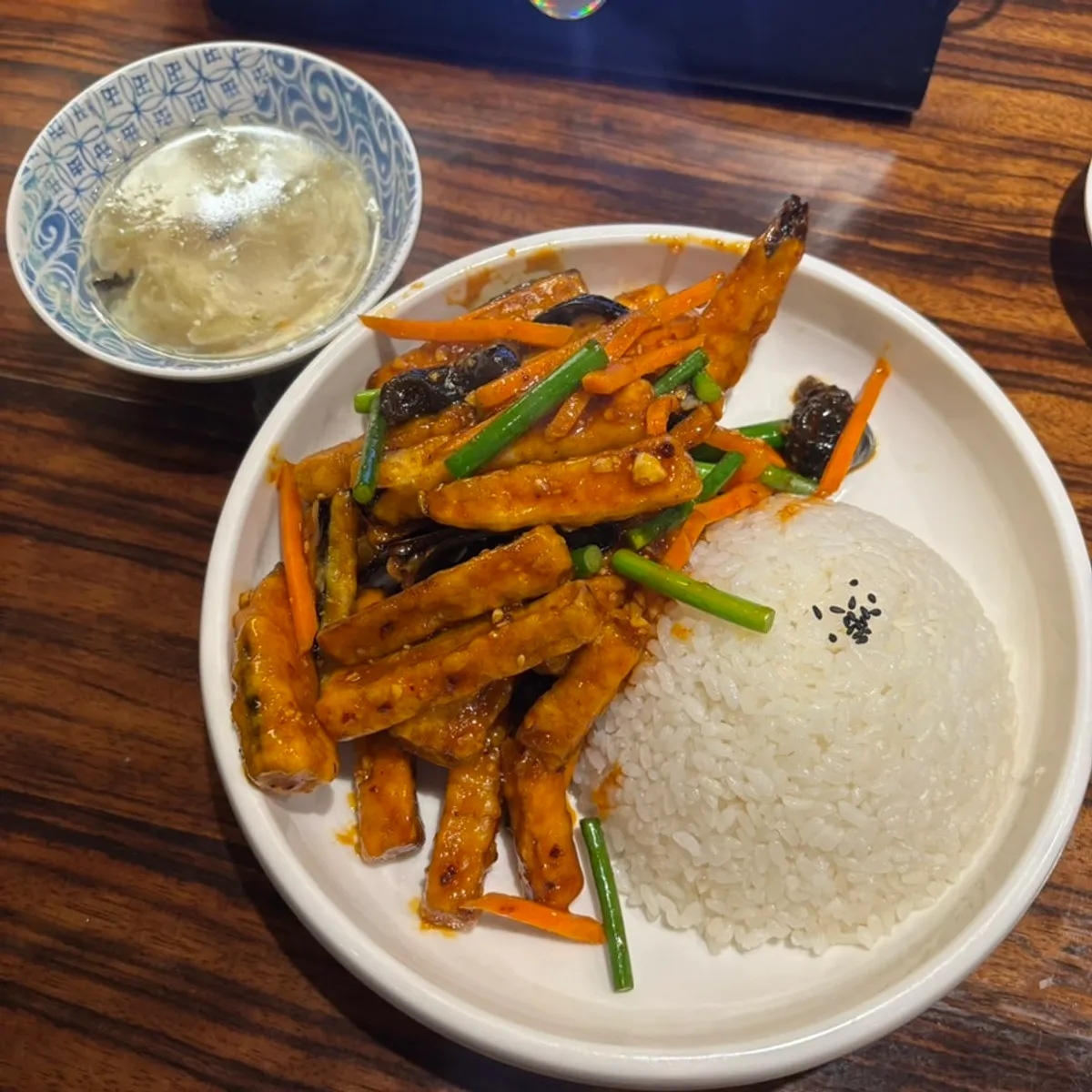 Thick egg soup served with the rice bowl