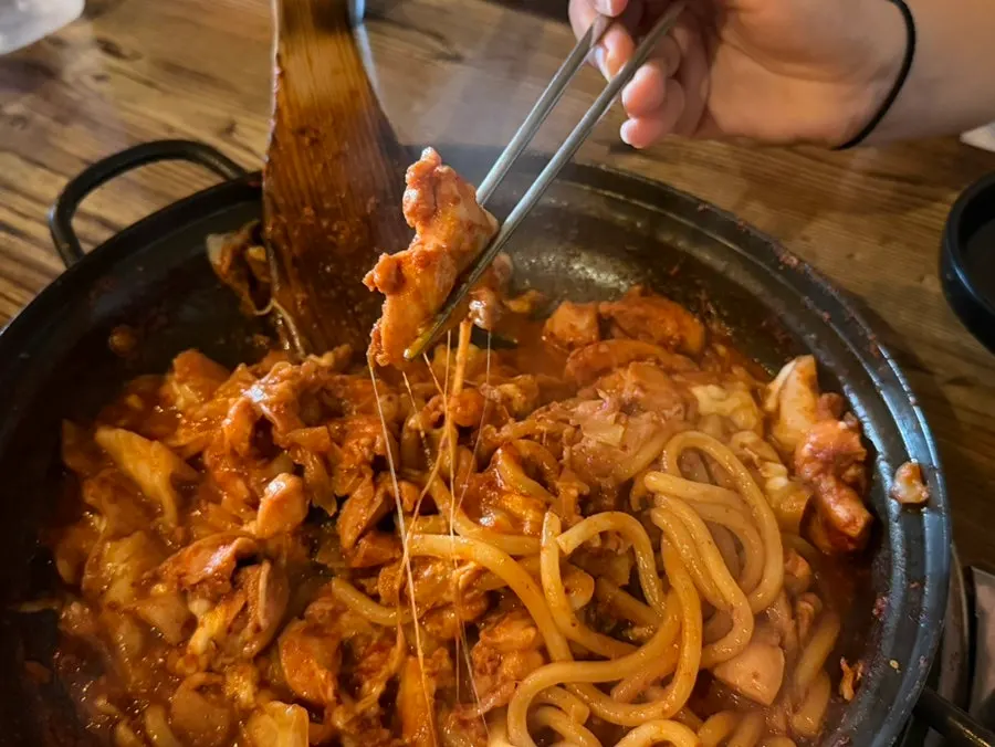 Udon noodles soaked in sauce being lifted up