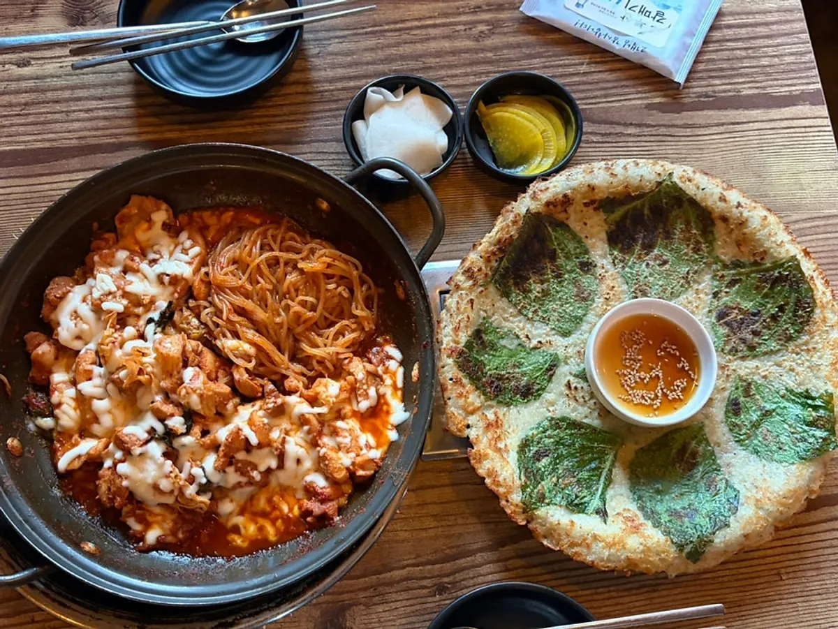 Gamssachidak set for two with cheese dakgalbi and perilla leaf potato pancake