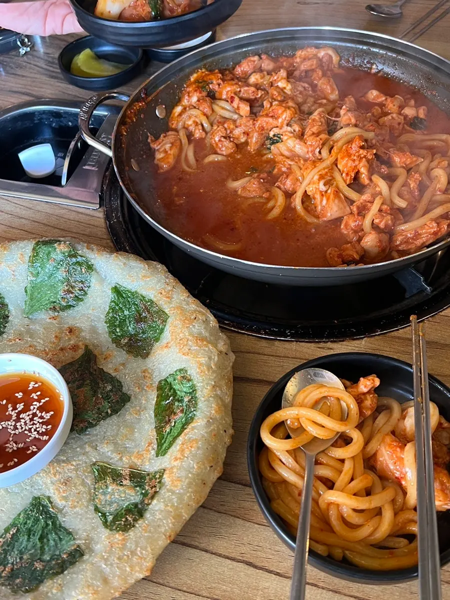Potato pancake with perilla leaves and dakgalbi sauce
