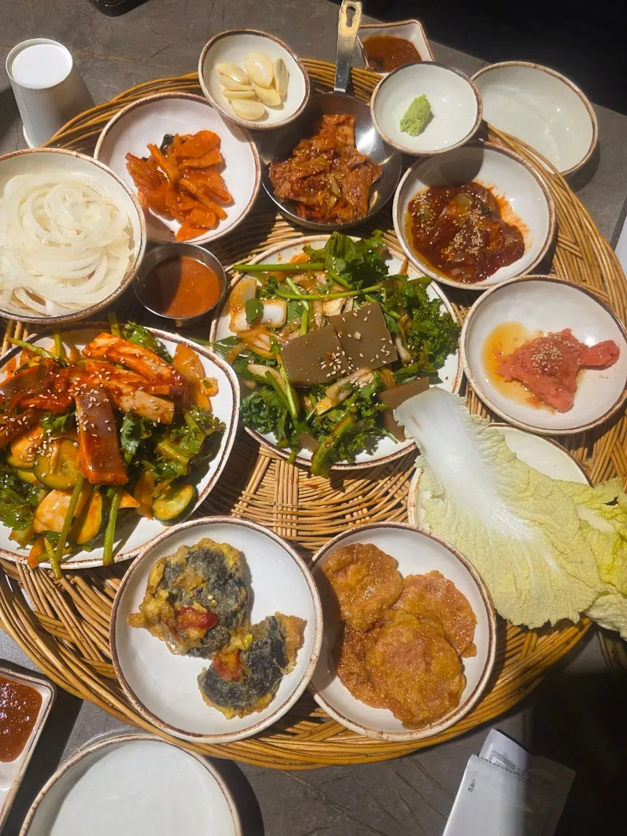 Pan-fried sausage, jeon, and acorn jelly banchan