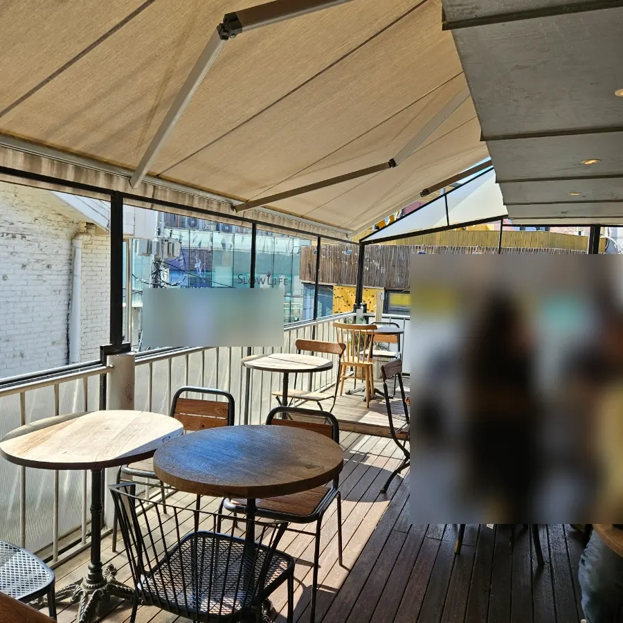 Various tables in the three-floor café