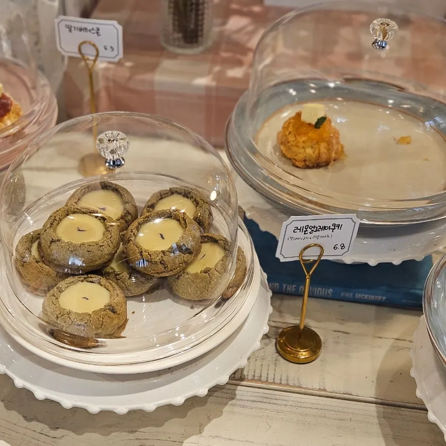 Close-up of the café's dessert display