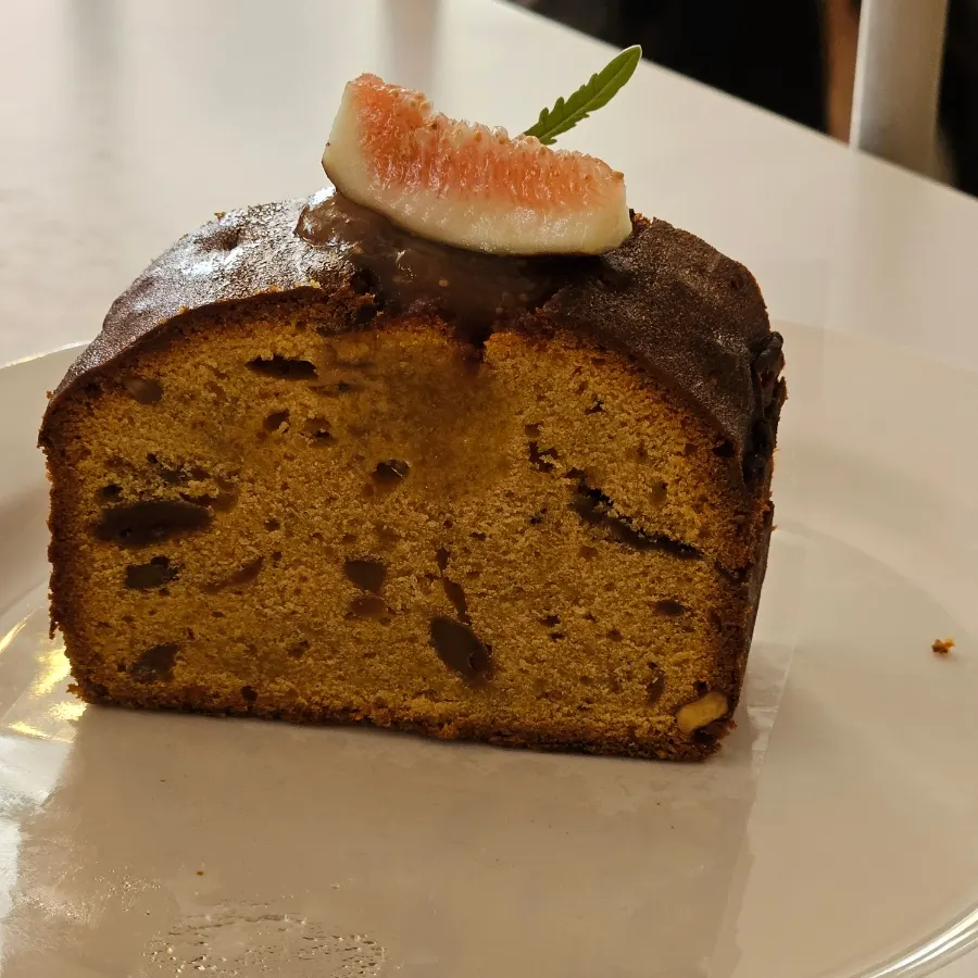 A slice of caramel fig pound cake