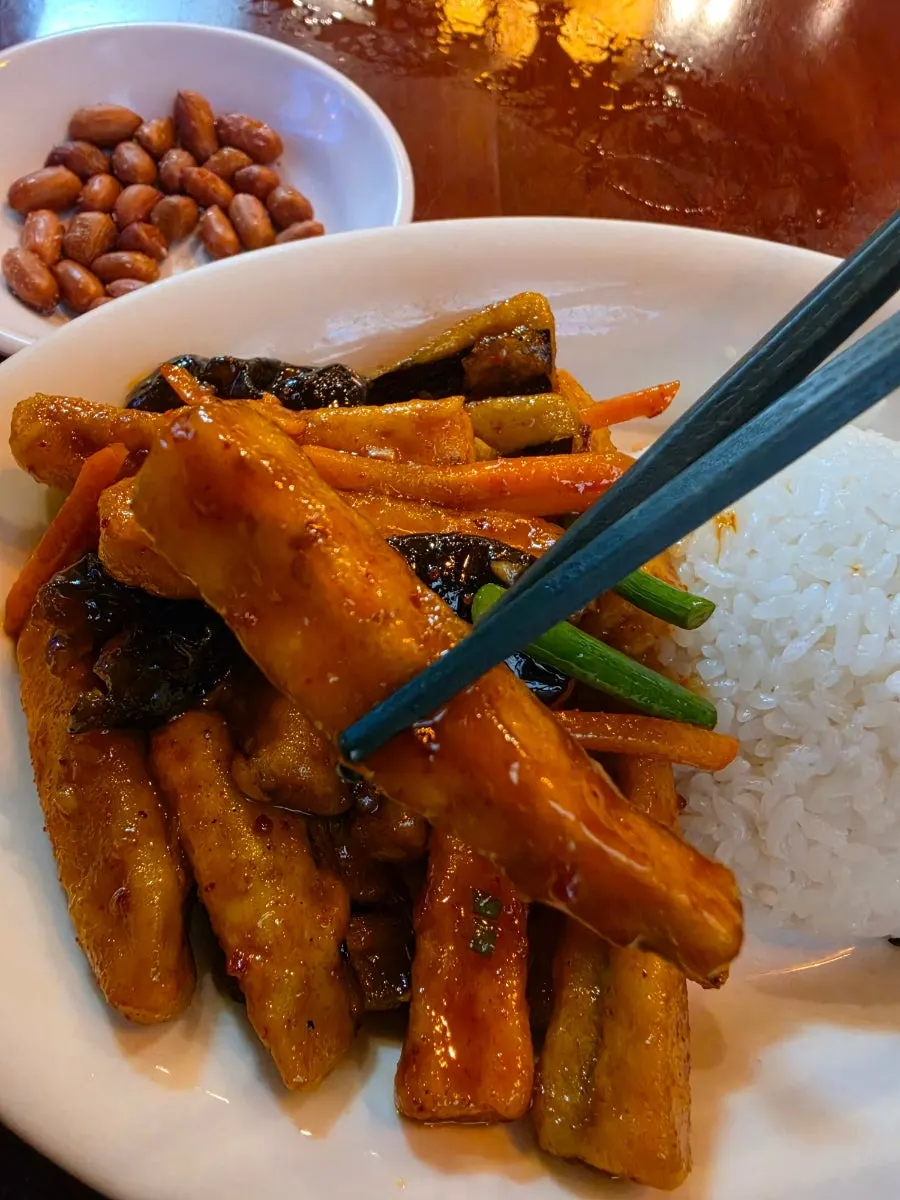 Close-up of eggplant tossed in yuxiang sauce