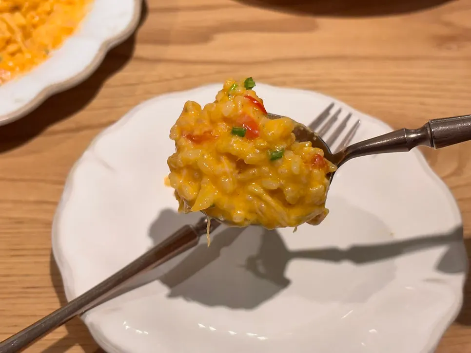 Close-up of thick, spicy crab risotto