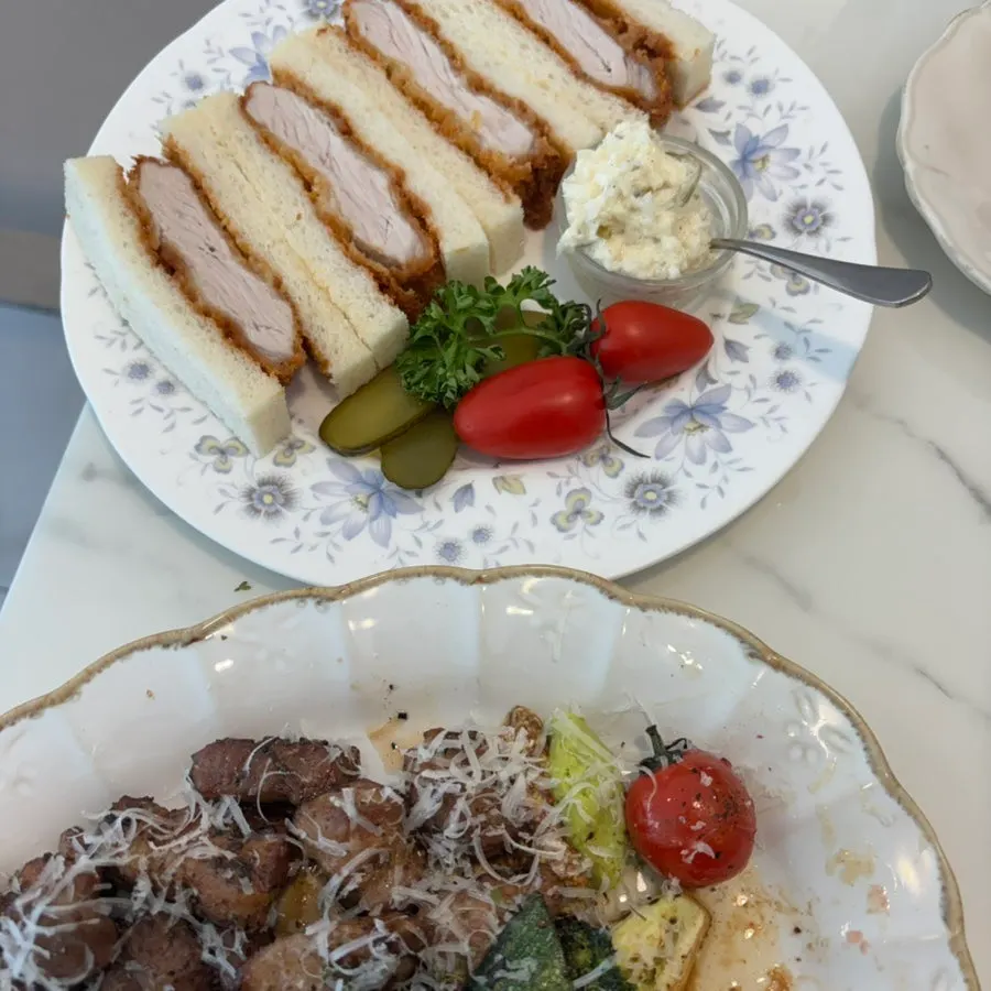 A complete meal of corn gnocchi and steak
