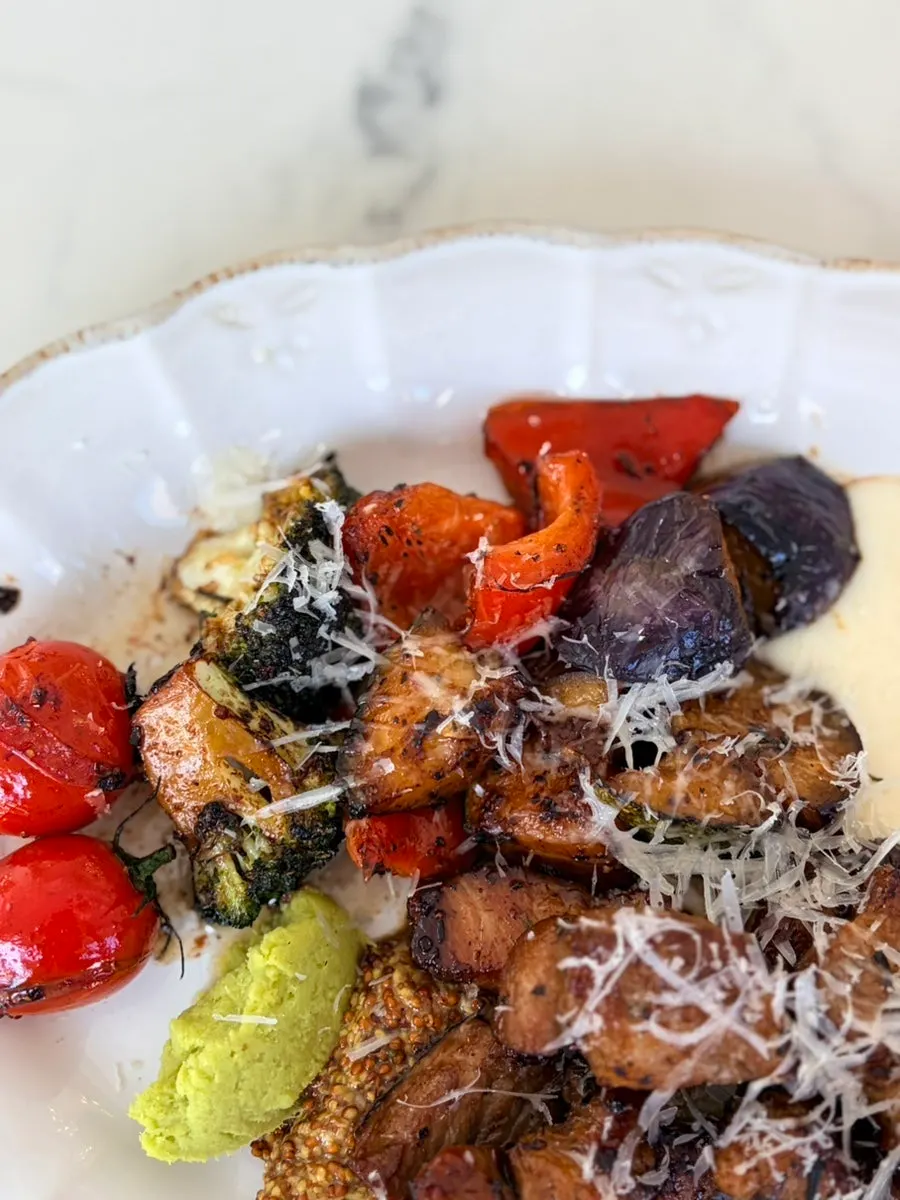 Pork neck steak with eggplant and stir-fried vegetables