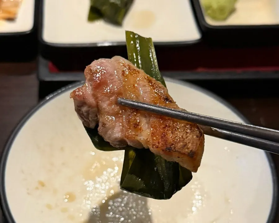 Galbi samgyeopsal wrapped in mountain garlic leaves