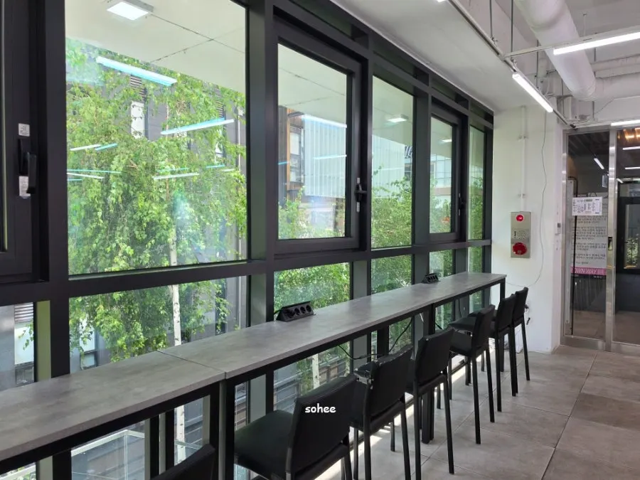 Second-floor seating good for laptop work