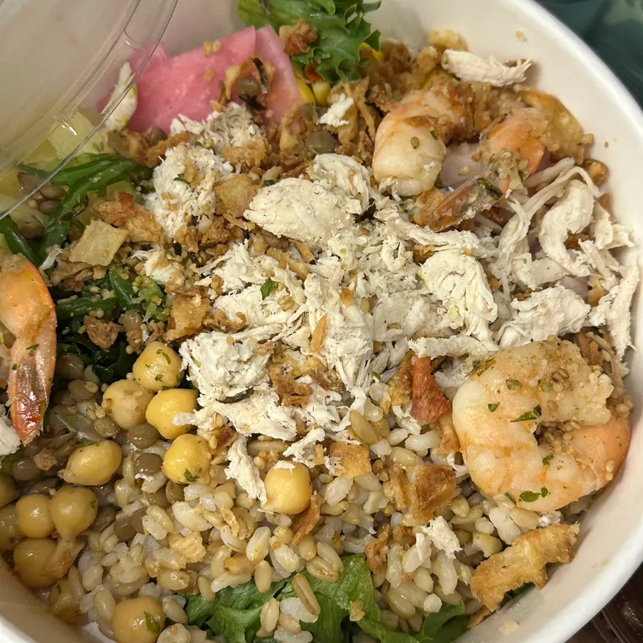Shrimp and vegetables in garlic shrimp poke