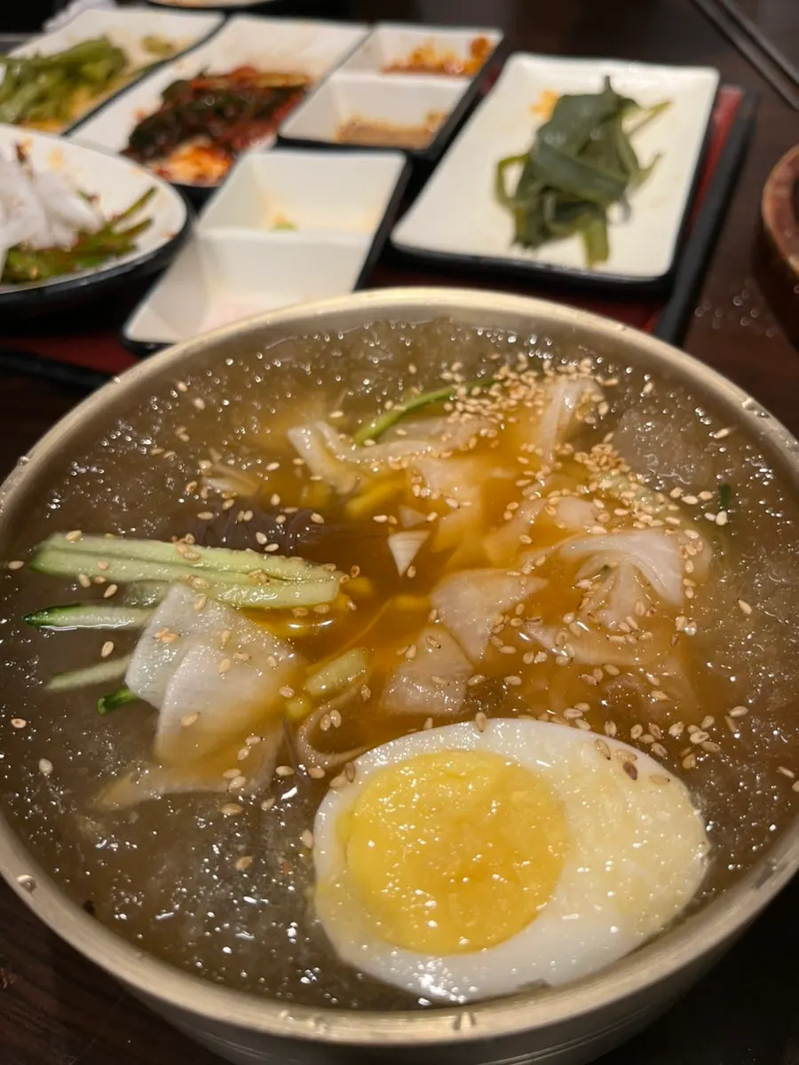 水冷麺の上に乗せた肉一切れ