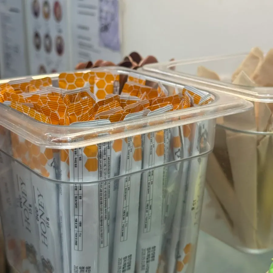 Individually packaged honey and Greek yogurt flavors on display