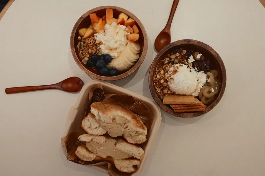 Yogurt, bagel, and tea breakfast set