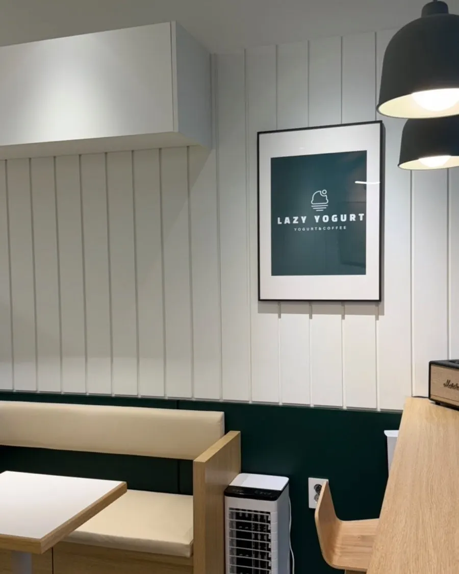 White and wood-toned café interior