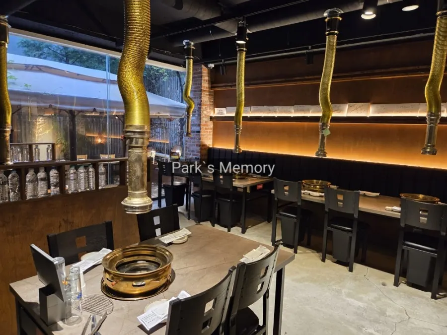 Large group tables set up inside the restaurant for work dinners
